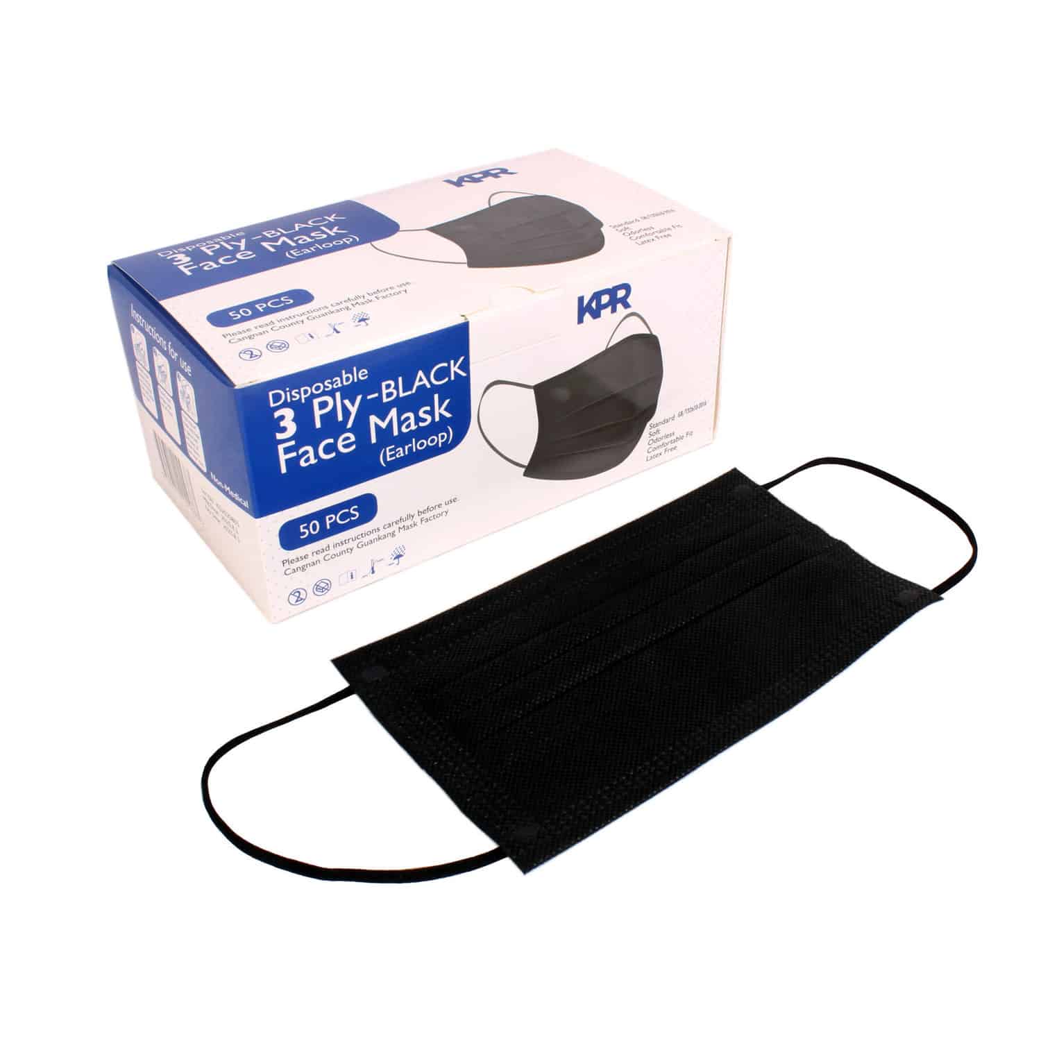 Mask 3ply 50pk Black Disposable with ear loops